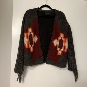 Wool Fringe Grey, Orange and Maroon Sweater Cardigan Jacket